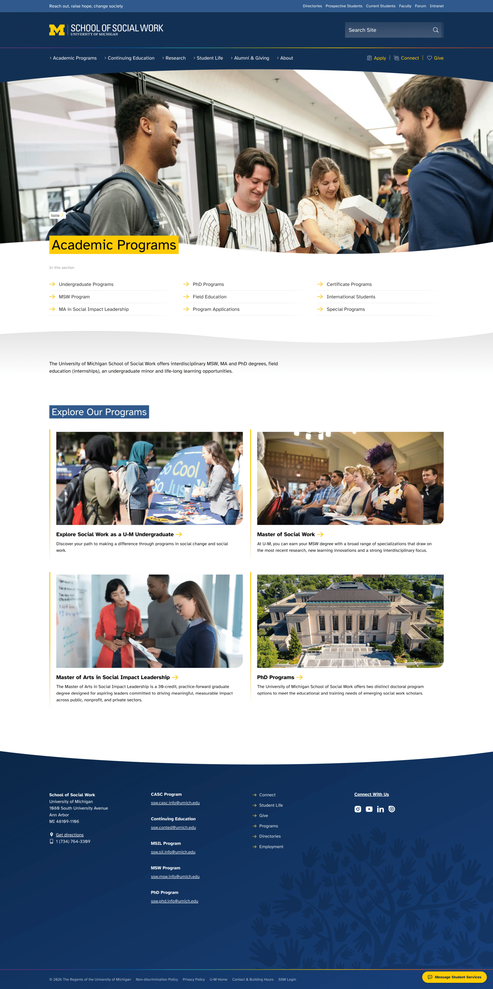 Academics programms page on live site