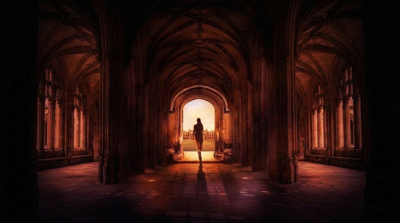 Woman silhouetted in doorway of historic university quad