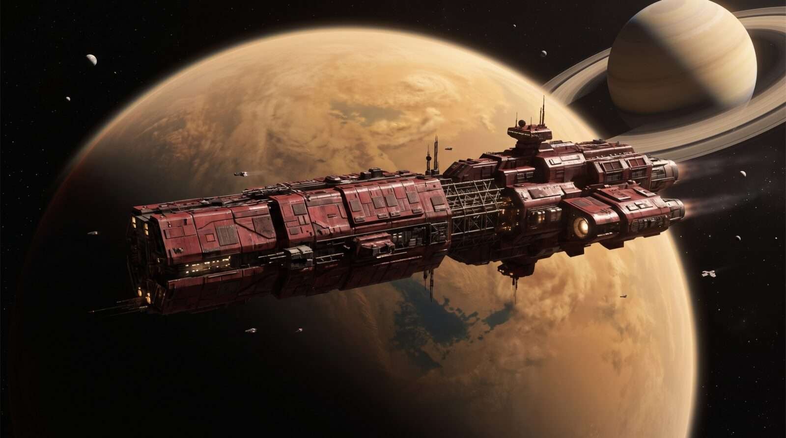 space ship in front of moons/saturn