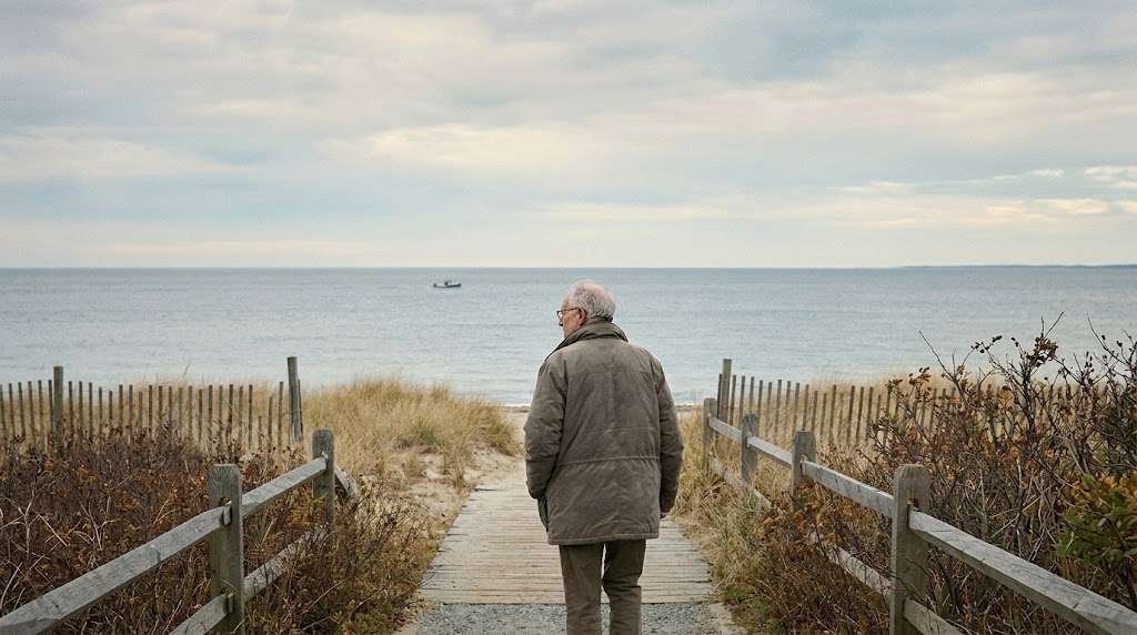 man standing on beach boardwalk